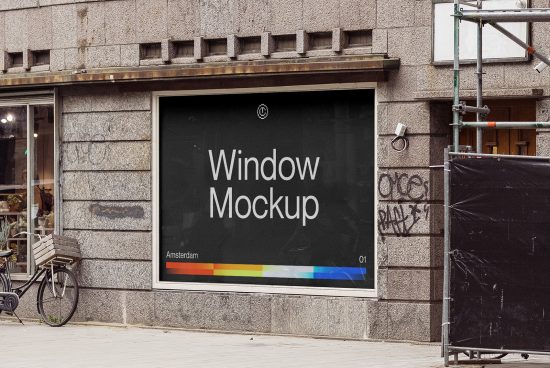Urban window signage mockup on a building facade, realistic city street setting for branding presentation.